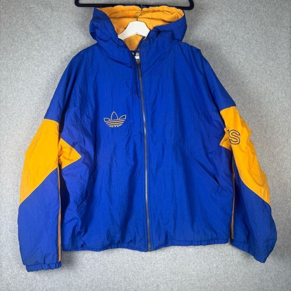 Adidas Mens Size XL Full Zip Front Hooded Jacket Blue Gold Quilted Lining